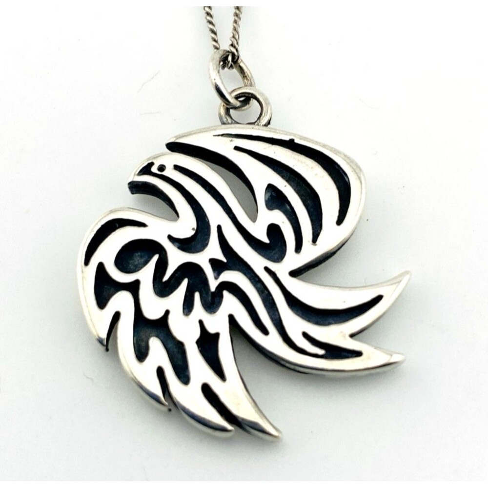 Vintage Modernist Sterling Silver Phoenix Bird in Flight Pendant Necklace 18 In